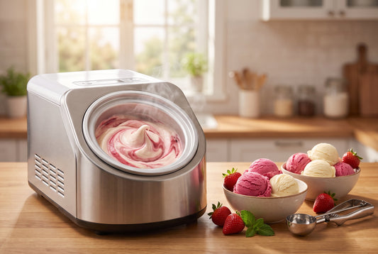 Home ice cream maker machine churning fresh strawberry and vanilla ice cream on an Indian kitchen counter