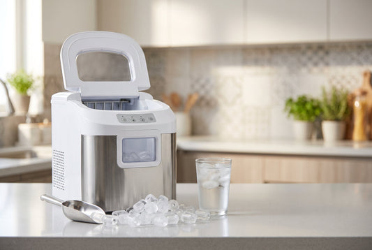 Countertop ice cube maker machine making clear bullet ice in a modern Indian kitchen