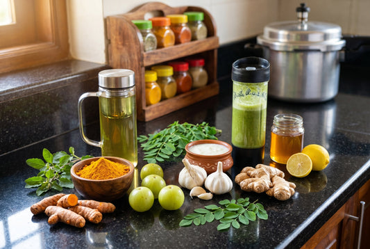 Immunity boosting foods spread with turmeric amla garlic ginger curd and green tea