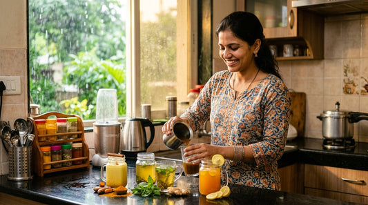 Indian woman making 7 immunity drinks for monsoon season at home