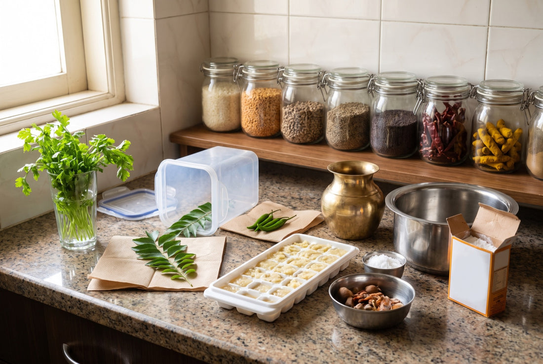 InstaCuppa kitchen hacks: coriander in a glass of water, curry leaves and green chillies on paper towels, frozen ginger-garlic paste cubes, tamarind and salt, a brass lota and sealed jars of rice, dal and spices