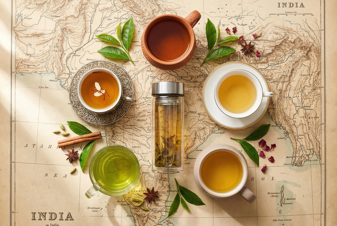 Top-down view of five cups of different Indian teas arranged around a glass infuser bottle on a map of India
