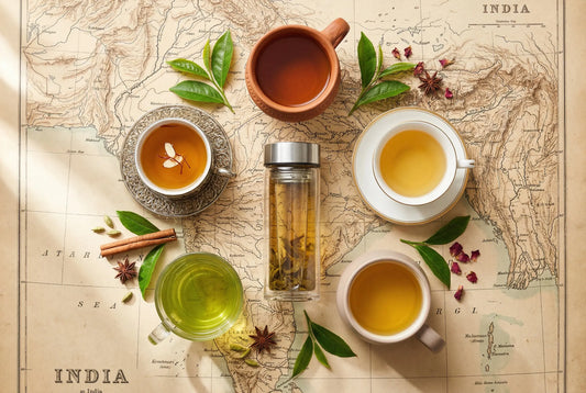 Top-down view of five cups of different Indian teas arranged around a glass infuser bottle on a map of India