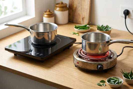 Induction cooktop vs hot plate compared side by side with steel pots on a wooden Indian kitchen counter