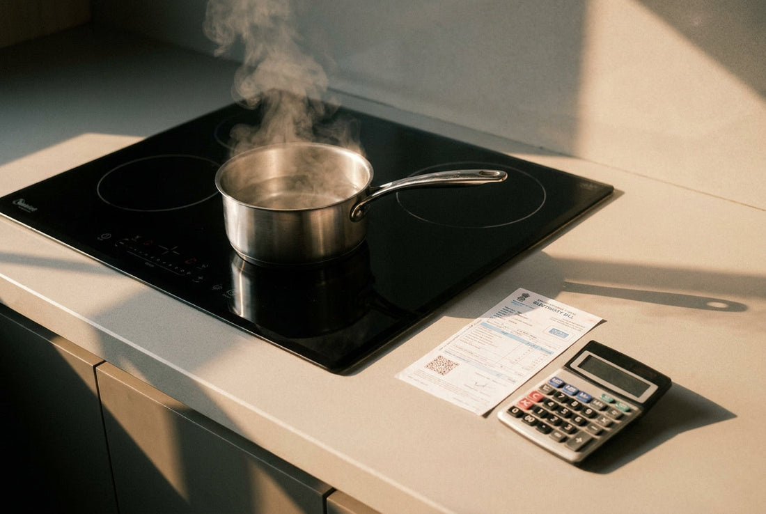 Induction stove power consumption shown by a cooktop, a steaming pot, an electricity bill and a calculator on an Indian kitchen counter