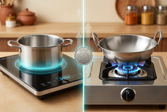 Induction cooktop vs gas stove cost comparison in an Indian kitchen