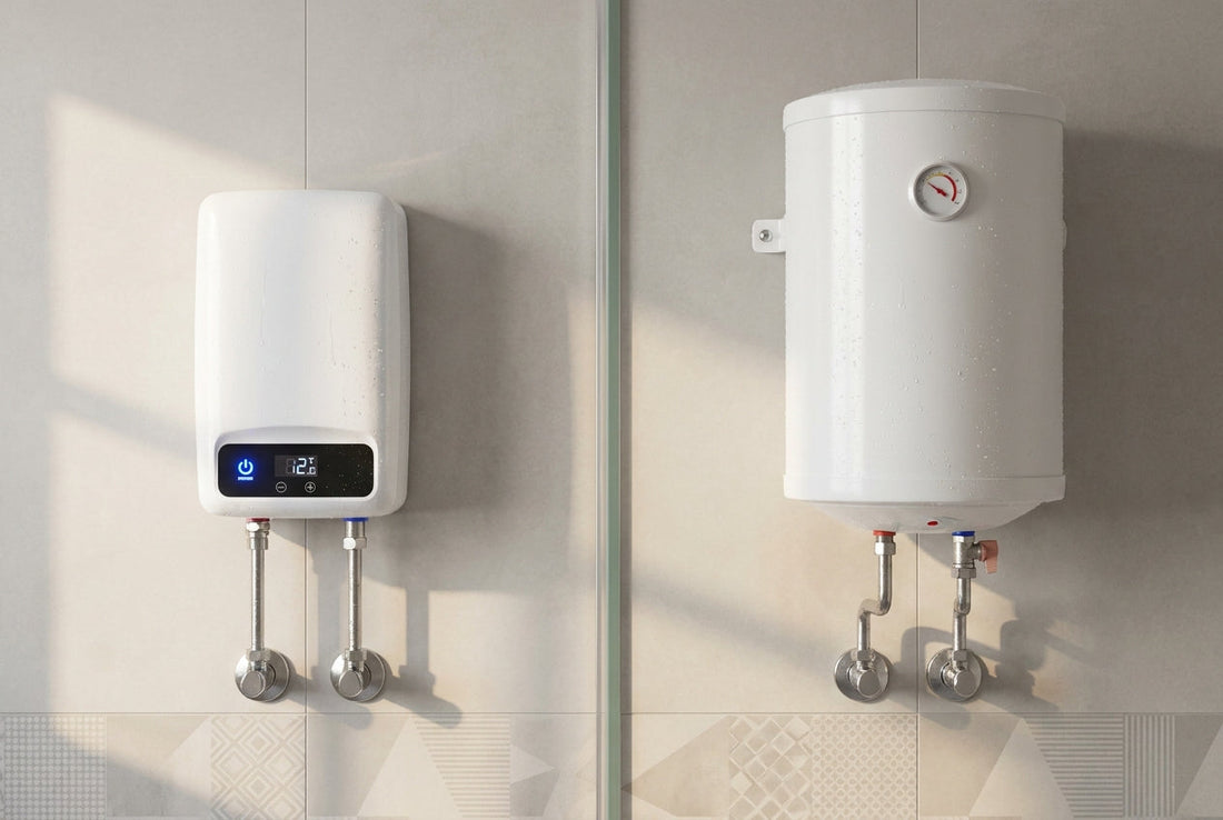 Instant vs storage water heater compared side by side in an Indian bathroom
