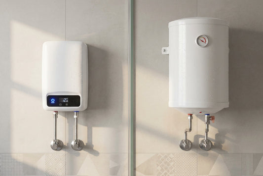 Instant vs storage water heater compared side by side in an Indian bathroom