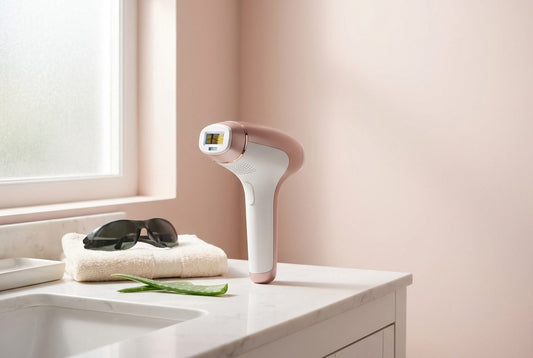 White and rose-gold IPL hair removal handset standing on a marble bathroom counter beside protective goggles, a folded towel and an aloe leaf