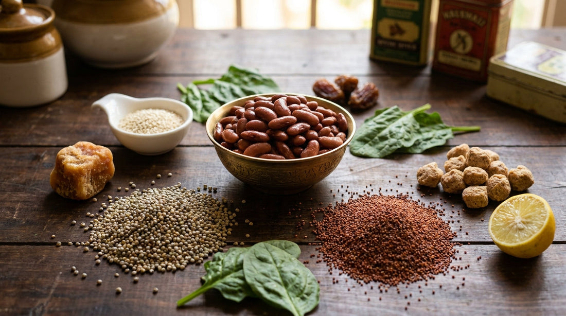 Iron rich Indian foods guide - bajra, soya chunks, sesame seeds, rajma
