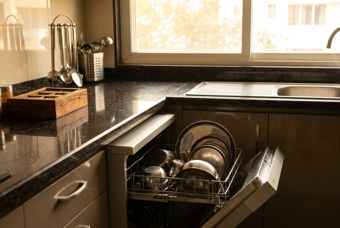 Open dishwasher with clean stainless steel thalis and kadhai in a modern Indian kitchen - is a dishwasher worth it in India