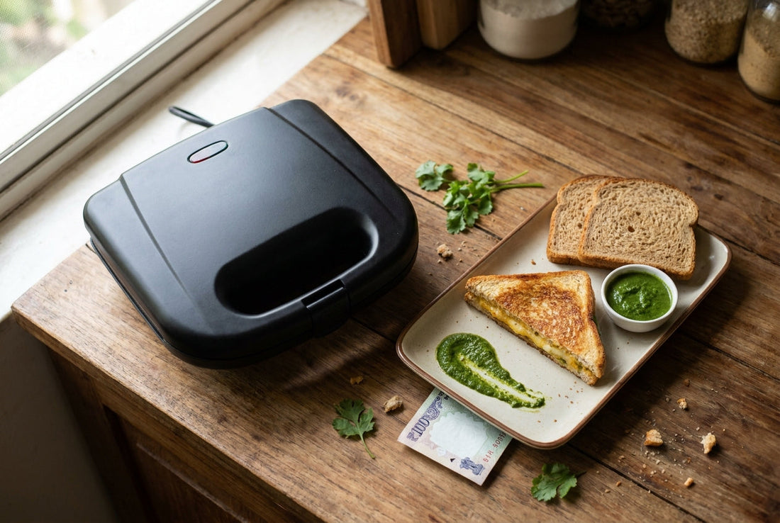 Is a sandwich maker worth it - electric sandwich maker with a grilled sandwich on an Indian kitchen counter