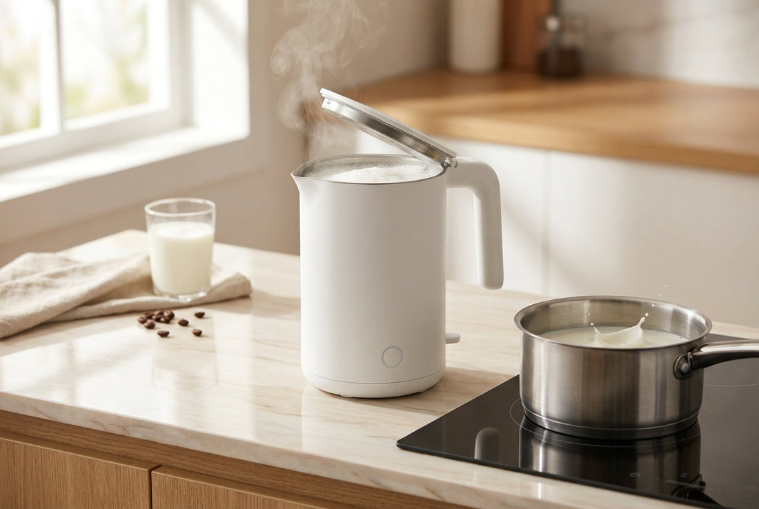 Automatic electric milk boiler with steaming milk beside a steel milk pan on an induction hob