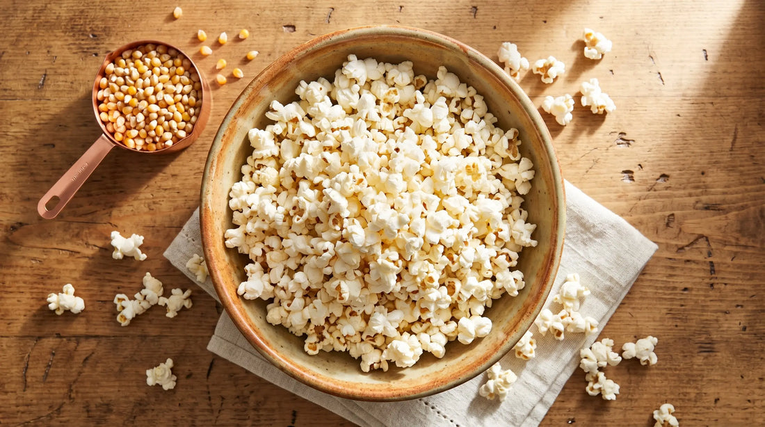 Is popcorn healthy - bowl of air-popped popcorn on wooden table