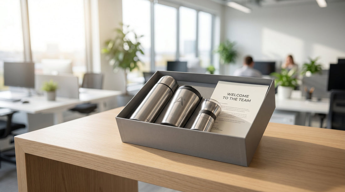 Employee joining kit with InstaCuppa insulated bottle, notebook and branded items on office desk