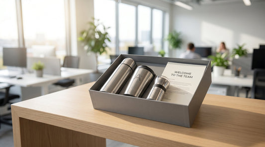 Employee joining kit with InstaCuppa insulated bottle, notebook and branded items on office desk