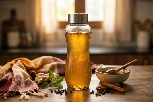 Glass tea infuser bottle with golden kadha surrounded by traditional Indian spices