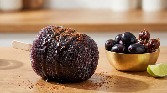 Kala khatta gola on wooden stick with jamun, tamarind, lime wedge and chaat masala - homemade recipe