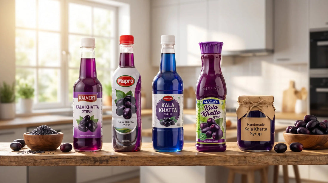Kala khatta syrup bottles — Kalvert, Mapro, Malas, SWA brands and homemade jar with jamun fruit on wooden shelf