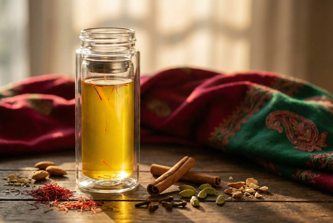 Glass tea infuser bottle with golden saffron kahwa surrounded by whole spices and a Kashmiri pashmina