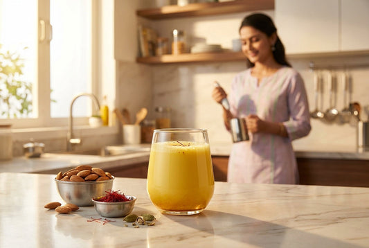 Kesar badam milk in a glass with saffron strands and almonds in an Indian kitchen