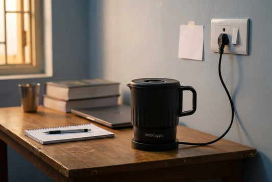 Black InstaCuppa portable multicook kettle on a hostel study desk, plugged into a wall socket beside books and a notebook