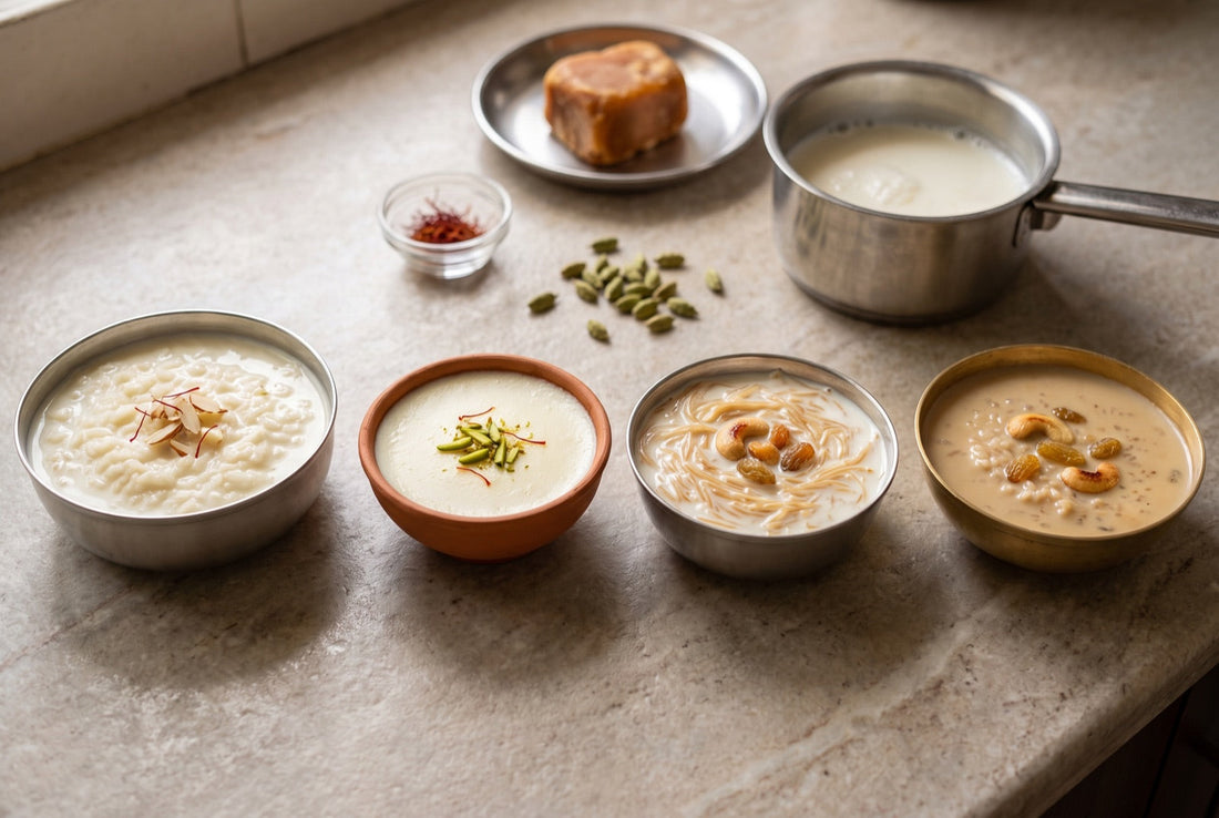 Four Indian milk desserts in a row: rice kheer in a steel bowl, phirni in a clay bowl, seviyan kheer with cashews, and brown jaggery payasam in a brass bowl, with milk, jaggery and saffron behind