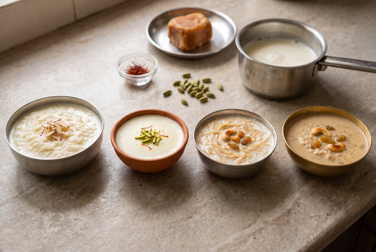 Four Indian milk desserts in a row: rice kheer in a steel bowl, phirni in a clay bowl, seviyan kheer with cashews, and brown jaggery payasam in a brass bowl, with milk, jaggery and saffron behind
