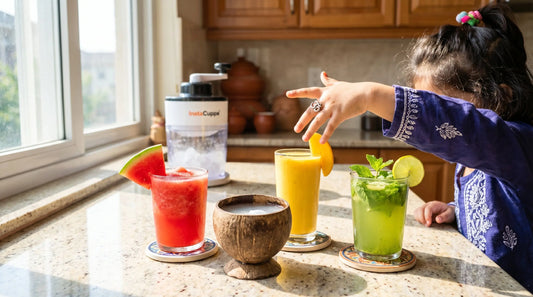 Indian kids enjoying homemade summer drinks and shaved ice treats with fresh fruit at home
