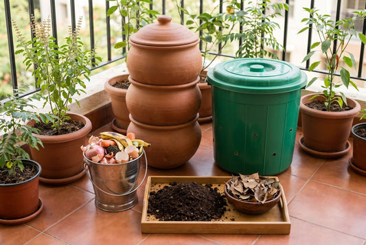 A three-tier terracotta khamba composter and a green aerated compost bin on an Indian balcony, with a steel bucket of vegetable peels and eggshells, a tray of dark finished compost and a bowl of dry leaves, among potted tulsi plants
