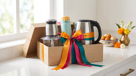 Kitchen gift set with InstaCuppa coffee grinder, moka pot and infuser bottle arranged on a wooden tray