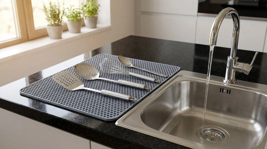 Kitchen sink mat placed beside stainless steel sink with washed dishes drying on silicone mat