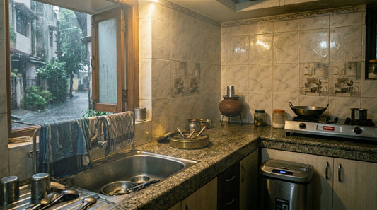 Indian kitchen during monsoon with condensation and humidity causing musty smell
