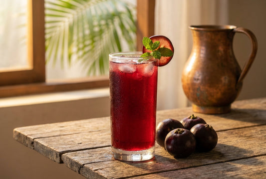 Kokum sharbat recipe - deep purple kokum drink with kokum fruits in Konkan coastal setting