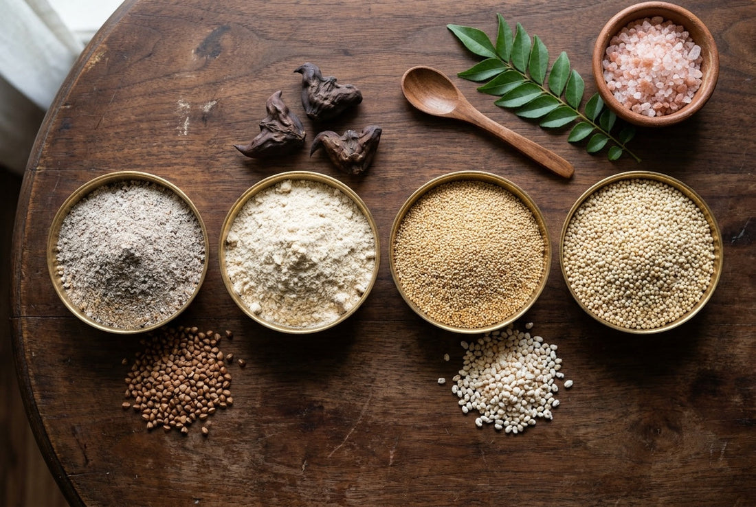Four brass bowls of Navratri fasting foods on a wooden table: grey-brown kuttu ka atta with buckwheat groats, cream singhara atta with dried horned water chestnuts, golden rajgira seeds with puffed rajgira, and samak rice