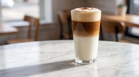 Latte macchiato with three distinct layers in a tall clear glass on marble counter