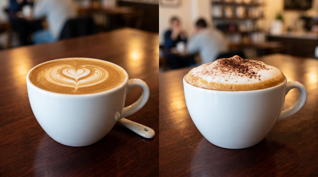 Latte vs cappuccino side by side comparison showing latte art and thick cappuccino foam