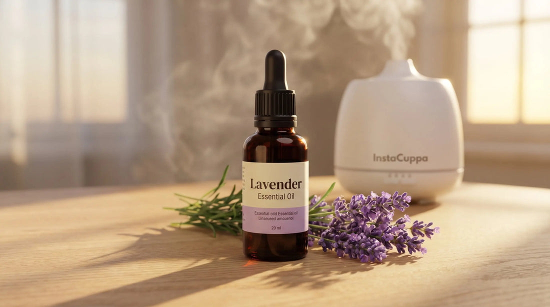 Lavender essential oil bottle next to an aroma diffuser on a bedside table with soft purple light