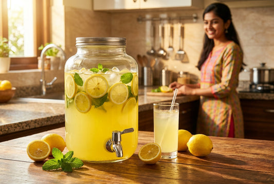 Fresh lemonade recipe served in a glass beverage dispenser with lemon slices and mint