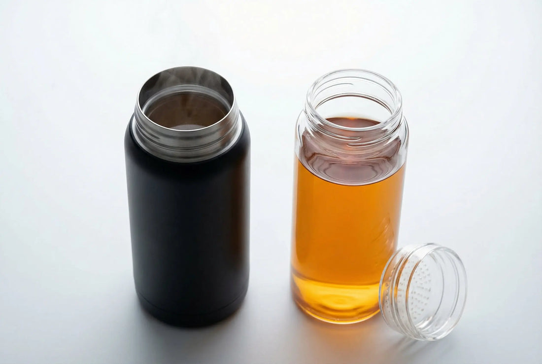 Steel thermos with dark over-steeped tea next to glass infuser bottle with clear bright tea