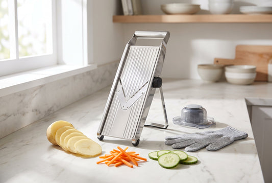 Stainless steel mandoline slicer with uniformly sliced potato, carrot and cucumber on an Indian kitchen counter
