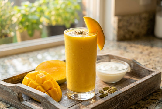 Thick mango lassi in a tall glass with fresh mango slices yogurt and cardamom