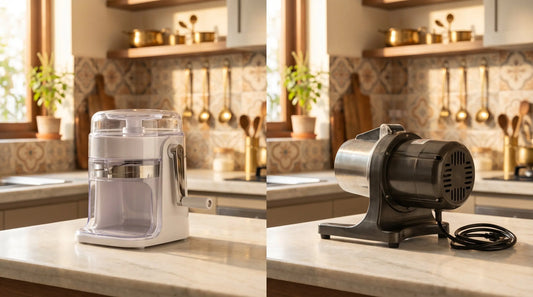 Manual ice shaver next to electric ice shaver on an Indian kitchen counter — side-by-side comparison for Indian families