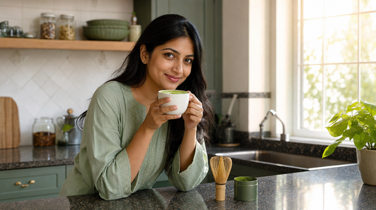 Indian woman enjoying matcha benefits at home - matcha latte in a white ceramic cup