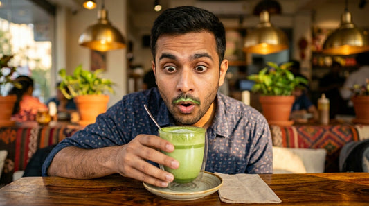 Person tasting matcha with surprised expression, green latte in glass cup with warm cafe lighting