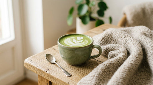 Warm matcha latte on cozy table with calming atmosphere for pregnancy safety article