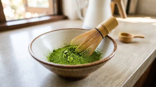 Bright green matcha powder with bamboo whisk in white ceramic bowl for troubleshooting matcha problems