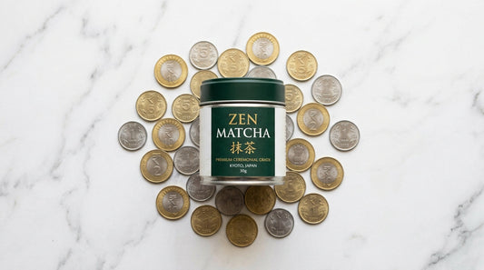 Premium matcha tin with Indian rupee coins showing value comparison for buyers