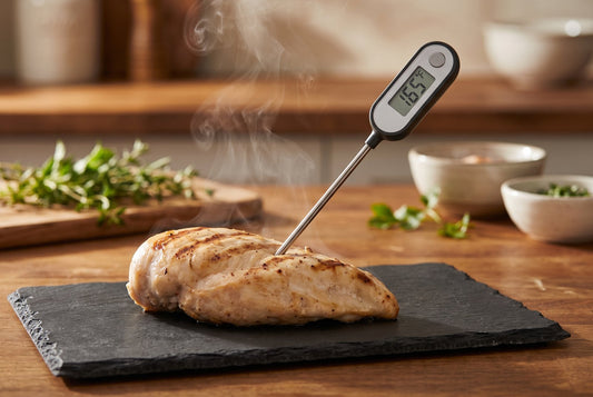 Digital instant-read meat thermometer probing grilled chicken to check a safe internal temperature