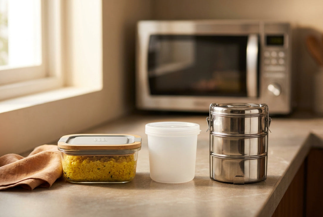 Microwave-safe containers in an Indian kitchen — borosilicate glass, polypropylene and steel next to a microwave